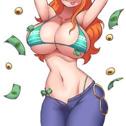 1:1 1girls :p alternate_breast_size armpits big_breasts bikini breasts female female_only huge_breasts jeans large_breasts long_hair money nami one_piece orange_hair pants shounen_jump simmsy smile solo solo_female striped_bikini thick_thighs thighs thong white_background wide_hips