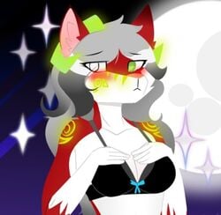 anthro blush breast_grab furry game_freak green_eyes green_glow grey_hair horns lycanroc midnight_lycanroc moon nintendo photo pokemon