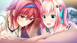 2girls :d akatsuki_hijiri blue_hairband blue_ribbon blush censored closed_mouth collarbone game_cg green_eyes hair_ornament hair_ribbon hairband harame_~seishi_o_hoshigaru_midara_na_oshiego~ highres long_hair mosaic_censoring multiple_girls niina_saki official_art penis pink_hair red_hair ribbon sailor_collar shiny shiny_hair smile twintails white_sailor_collar yellow_eyes yusa_chieri