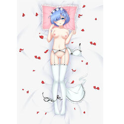 1girls bed blue_eyes blue_hair boobs breasts curvaceous curves curvy curvy_body curvy_female curvy_figure dakimakura dakimakura_design erspace female female_only hair_over_one_eye legwear maid maid_headdress medium_breasts nipples no_bra no_panties pussy re:zero_kara_hajimeru_isekai_seikatsu rem_(re:zero) shaved_pussy short_hair solo solo_female solo_focus tits vagina white_bra white_legwear white_panties