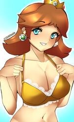 1340smile blue_eyes bra breasts brown_hair crown female mario_(series) nintendo princess_daisy solo tagme