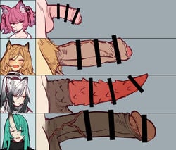 4futas animal_ear_fluff animal_ears animal_penis arknights bar_censor black_scarf blush brown_hair cat_ears censored ceobe_(arknights) closed_eyes comparison dog_ears earclip erection eyebrows_visible_through_hair fangs female_pubic_hair foreskin fox_ears fully_retracted_foreskin futa_only futanari green_hair grey_background grey_hair hair_between_eyes hair_ornament highres horns hoshiguma_(arknights) intact large_penis long_hair looking_at_viewer mirin_chikuwa multiple_girls oni_horns open_mouth partially_retracted_foreskin penis penis_chart penis_size_chart penis_size_difference pink_hair ponytail pubic_hair scarf schwarz_(arknights) shamare_(arknights) simple_background single_horn size_chart size_comparison small_penis smegma spiked_penis sweatdrop testicles twintails uncut veins veiny_penis