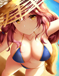 1girls animal_ears bikini blue_bikini breasts cleavage close-up collarbone ears_through_headwear fate/grand_order fate_(series) female female_only fox_ears groin hat highres large_breasts looking_at_viewer looking_down navel ocean oerba_yun_fang open_mouth pink_hair side-tie_bikini solo straw_hat sun_hat swimsuit tamamo_no_mae_(fate) tamamo_no_mae_(swimsuit_lancer) umbrella wsman yellow_eyes