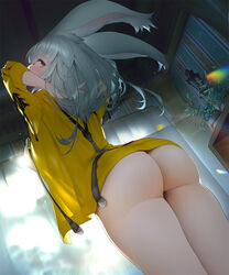 ass big_ass blue_eyes bottomless breasts bunny_ears dat_ass final_fantasy final_fantasy_xiv grey_hair hands_behind_head jacket kaede_(sayappa) looking_back open_jacket sunlight thighs viera yellow_jacket