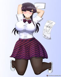 1girls absurd_res arms_behind_head bangs bent_knees big_breasts blush bowtie breasts heels hi_res highres hips huge_breasts jumping komi-san_wa_komyushou_desu komi_shouko large_breasts long_hair looking_at_viewer pantyhose plain_background poster purple_eyes purple_hair school_uniform schoolgirl shiny_skin shirt simple_background skirt solo white_shirt wide_hips zenshaori