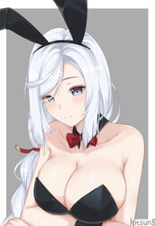 1girls absurd_res arms_crossed big_breasts blue_eyes blush bowtie braid breasts bunny_ears bunny_girl bunnysuit cleavage collarbone genshin_impact grey_background hi_res highres huge_breasts kitsun8 large_breasts long_hair looking_at_viewer necktie plain_background purple_eyes shenhe_(genshin_impact) shoulders sideboob simple_background smile solo white_hair