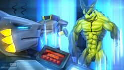 3_fingers abs anthro balls big_penis bite biting_lip blue_eyes bodily_fluids dragon duo fingers fish flaccid foreskin genitals glowing glowing_eyes hi_res humanoid_genitalia humanoid_penis male marine muscular muscular_male nude penis shark sweat tdxlabs todex todex_(character)