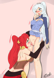 2girls ahe_gao ass big_breasts blush breasts circlet cunnilingus eating_pussy female female_focus female_only gorget green_eyes high_ponytail leaning_against_wall long_hair multiple_girls one_eye_closed ponytail pussy pussy_juice pyrrha_nikos red_hair rwby shaking sidelocks tagme vagina weiss_schnee white_hair yuri zronku