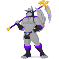 animal_genitalia anthro ball boots briefs canid canine canis cape footwear fur furry genitals gloves handwear hood male male_only mammal melee_weapon notkastar original penis polearm scythe sheath signature solo underwear weapon wolf zatch_(character)