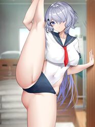 arknights blue_eyes eye_patch gym_uniform light-skinned_female locker_room medium_breasts posing skimpy_clothes smiling_at_viewer whisperain_(arknights)