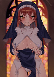 1girls alternate_costume arrow_through_heart blurry blurry_background blush breast_curtains breasts commentary cowboy_shot cross eyebrows_visible_through_hair female female_only garter_belt garter_straps habit heterochromia hololive hololive_fantasy hololive_japan houshou_marine kurokiri6630 large_breasts light-skinned_female light_skin long_hair looking_at_viewer nun panties parted_lips pelvic_curtain red_eyes red_hair revealing_clothes smile solo stained_glass standing thigh_gap thighs underboob underwear virtual_youtuber white_panties yellow_eyes