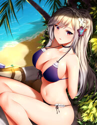 1girls arms_behind_back azur_lane beach bikini black_choker blonde_hair blush breasts choker cleavage day dunkerque_(azur_lane) eyebrows_visible_through_hair female hairband highres large_breasts long_hair looking_at_viewer navel platinum_blonde_hair purple_bikini red_eyes sand sitting solo swimsuit wsman