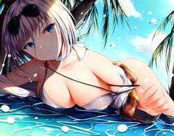 1girls azur_lane bikini bikini_top bird blue_eyes blue_sky breasts choker cleavage closed_mouth cloud day eyebrows_visible_through_hair eyewear_on_head highres looking_to_the_side lying medium_breasts on_stomach ribbon ribbon_choker short_hair silver_hair sky solo sunglasses swimsuit tirpitz_(azur_lane) water white_bikini white_choker white_ribbon wsman