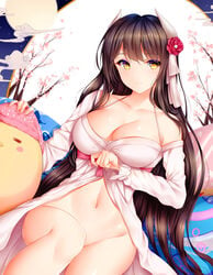 1animal 1girls azur_lane black_hair blush breasts cherry_blossoms cleavage closed_mouth collarbone dress eyebrows_visible_through_hair female female_only flower hair_flower hair_ornament hair_ribbon hiei_(azur_lane) hiei_(pilgrimage_of_moonlight)_(azur_lane) highres horns large_breasts light-skinned_female light_skin long_hair long_sleeves looking_at_viewer looking_to_the_side manjuu_(azur_lane) navel no_panties ribbon sakura_empire_(azur_lane) sitting smile solo white_dress white_ribbon wsman yellow_eyes