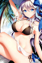 1girls alternate_costume arm_support arm_up armpits azur_lane bangs bare_shoulders bikini black_bikini blue_bow blue_eyes blue_ribbon blue_sky blurry blurry_background blush bow braid breasts cleavage closed_mouth cloud collarbone cross day detached_collar eyebrows_visible_through_hair eyes_visible_through_hair female french_braid hair_ribbon hairbow hand_on_headwear hat head_tilt highres jewelry large_breasts legs_crossed light_purple_hair long_hair looking_at_viewer navel necklace outdoors palm_tree ribbon sarong see-through shiny shiny_skin side-tie_bikini sidelocks sitting skindentation sky smile solo stomach striped striped_ribbon sun_hat swimsuit thighs tree very_long_hair vestal_(azur_lane) wavy_hair white_headwear white_sarong wsman