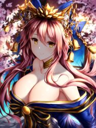 1girls animal_ears bell branch breasts cleavage collarbone day fate/grand_order fate_(series) female female_focus fox_ears hair_ornament highres japanese_clothes large_breasts looking_at_viewer off_shoulder outdoors pink_hair solo tamamo_no_mae_(fate) wsman yellow_eyes