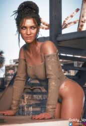 1girls 3d ass cd_projekt_red cyberpunk_2077 female female_only goldy_3d legs no_panties oiled panam_palmer pose posing shiny shiny_skin smile smiling smiling_at_viewer solo thick_thighs