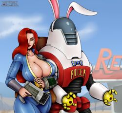 1girls bethesda_softworks cleavage computer cosplay crossover disney electronics fallout firearm huge_breasts husband_and_wife jessica_rabbit machine pip-boy protectron_(cosplay) robot roger_rabbit romman08 vault_dweller_(cosplay) vault_girl vault_suit weapon who_framed_roger_rabbit wristwear