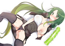 black_legwear black_panties blush braid breasts collar detached_collar dildo female fingering green_eyes green_hair hair_ornament hairclip highres jewelry kounosu_satori large_breasts long_hair looking_at_viewer lying masturbation mion_(sharang_e_youkoso) nipple_tweak nipples on_back open_clothes open_mouth panties pussy_juice ring sex_toy shadow sharang_e_youkoso simple_background solo spread_legs sweat thighhighs underwear vaginal_penetration very_long_hair white_background white_collar