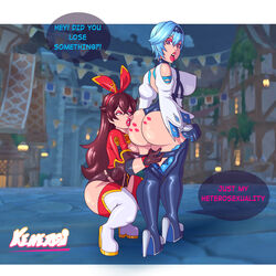 2girls amber_(genshin_impact) ass ass_focus ass_grab ass_worship big_ass big_breasts blue_hair brown_hair eula_(genshin_impact) genshin_impact high_heel_boots high_heels kenergi kiss_mark kissing light-skinned_female light_skin lipstick_mark multiple_girls shiny_skin yuri