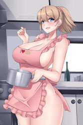 apron big_breasts blue_eyes blush brown_hair cleavage cooking female female_only frilled_apron housewife intrepid_(kantai_collection) kantai_collection kitchen light_brown_hair lindaroze looking_at_viewer naked_apron no_bra no_panties ponytail solo wide_hips