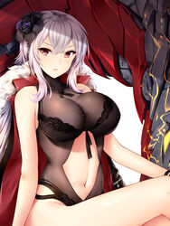 1girls azur_lane bangs black_swimsuit bracelet breasts cleavage clothing_cutout eyebrows_visible_through_hair female flower fur_trim graf_zeppelin_(azur_lane) hair_between_eyes hair_flower hair_ornament highres jacket jacket_on_shoulders jewelry lace large_breasts long_hair looking_at_viewer lying midriff navel navel_cutout on_back one-piece_swimsuit red_eyes revealing_clothes see-through silver_hair sitting sleeveless solo stomach swimsuit wsman