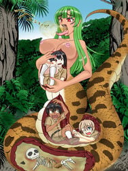 bamboo_spear belly big_belly bones bones_in_belly breasts burp burp_cloud burping clothing death digestion fatal_vore female green_hair hand_on_belly internal_view lamia monster_girl naga nipples open_mouth red_eyes skeleton snake vore x-ray