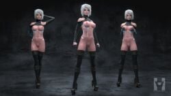 3d 3d_(artwork) blender blender_(software) blue_eyes breast_grab breasts cybernetics hand_behind_head high_heels hv54rdsl implants nier:_automata pussy square_enix white_hair white_skin yorha_a2