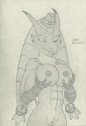 3_fingers abs anthro areola athletic athletic_female avian bell blaziken breasts clothing female fingers genitals headgear headwear hi_res holding_breast klatea lobar nintendo nipples nude open_mouth open_smile pokemon pokemon_(species) pussy simple_background smile solo traditional_media_(artwork) video_games