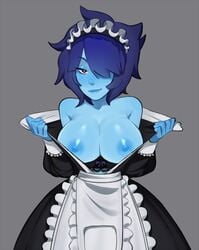 1girls bare_shoulders big_breasts blue_female blue_hair blue_lipstick blue_skin blush bra_down breasts breasts_out bust busty cartoon_network female female_only gem_(species) hair_over_one_eye heart heart-shaped_pupils lapis_lazuli_(gem) lapis_lazuli_(steven_universe) large_breasts looking_at_viewer maid maid_headdress maid_uniform nipples open_clothes presenting_breasts short_blue_hair smile smokyholes solo steven_universe undressing