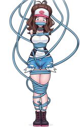 blue_eyes blush bondage boots bound breasts brown_hair cap female gag gagged hat hilda_(pokemon) legs nintendo pokemon pokemon_(species) pokemon_bw restrained shorts sweat tangela tentacle tentacle_gag