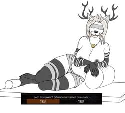 anthro antlers bandaged_arm beast_(bloodborne) big_breasts black_body black_nipples blindfold bloodborne breast_squish breasts canid canine curvy_figure female fromsoftware fur hair horn legend0fjan mammal nipples nude sewer_rat_(artist) solo sony_corporation sony_interactive_entertainment squish text vicar_amelia video_games voluptuous were werecanid werecanine werewolf white_body white_fur