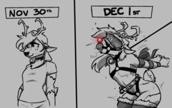 1girls anthro before_and_after blindfold bondage christmas christmas_outfit deltarune female female_anthro hijackerdraws hijackerdraws_(artist) horn horns noelle_holiday solo solo_female stockings tagme tagme_(artist) tied_up