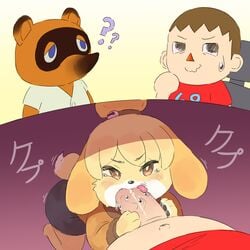 ? absurd_res animal_crossing anthro blonde_hair bodily_fluids clothed clothing cromachina deepthroat drooling fellatio female genitals group hair hi_res human isabelle_(animal_crossing) male male/female mammal nervous nintendo oral penile penis saliva sex stealth_sex tom_nook tongue video_games villager_(animal_crossing)