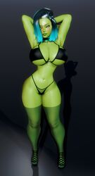 2021 black_background black_hair blue_eyes blue_hair breasts cleavage female female_focus female_only goblin goblin_female green_body green_skin leora_(kibix1) original original_character short_hair thick_thighs thighhighs thighs xegotistx