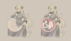 2girls after_vore belly_bulge big_belly big_breasts blonde_hair clothing cynthia_(pokemon) hilda_(pokemon) inside_view m0re4117 multiple_girls pokemon post_vore pout vore x-ray