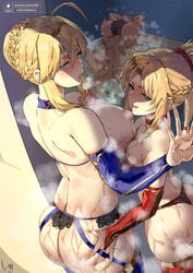 1boy 2021 3girls ahoge alternate_version_available areolae artist_signature artoria_pendragon artoria_pendragon_(lancer) ass ass_grab asymmetrical_docking back_view background barely_clothed barely_contained barghest_(gawain)_(fate) bathroom bikini blonde_hair blue_bikini blush breast_size_difference breast_squish breasts censored censored_penis choker club3 cum cum_in_pussy fate/grand_order fate_(series) female female_focus fujimaru_ritsuka_(male) green_eyes groping_ass height_difference huge_ass huge_breasts indoors kissing large_areolae looking_at_viewer looking_back male mordred_(fate) mosaic_censoring mother_and_daughter nanaya_(daaijianglin) naughty_face nude nude_female penis ponytail red_bikini sex sex_slave sideboob small_breasts spanking steam steaming_body suggestive_look wet wet_body