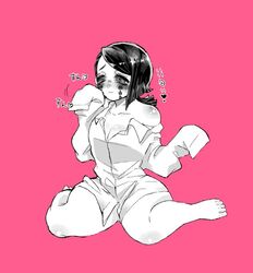 :3 blush bottomless cute demon_slayer enmu femboy girly japanese_text kimetsu_no_yaiba on_knees pink_background pumu_nui shiny_skin solo sweat thick_thighs translation_request unbuttoned_shirt wariza wide_hips