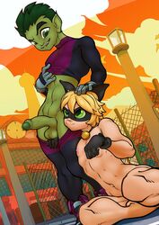 2boys adrien_agreste beast_boy boner cat_ears cat_noir clothed_male_nude_male dc dc_comics domino_mask erection femboy foreskin fuckboy gay green_eyes green_hair green_skin hand_on_head male male/male male_only miraculous_ladybug nude partially_clothed partially_retracted_foreskin superhero superhero_costume teen_titans uncut vonboche yaoi yellow_hair