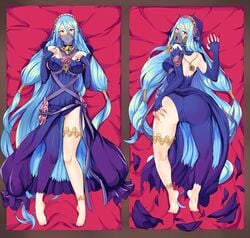 1girls alternate_costume ass ass_grab asymmetrical_legwear azura_(fire_emblem) azura_(performing_arts)_(fire_emblem) back back_view backless_outfit bare_back bare_legs barefoot blue_hair breasts color dakimakura dancer dancer_outfit deep_skin elbow_gloves female_only fingerless_gloves fire_emblem fire_emblem_fates fire_emblem_heroes gloves hair_between_eyes hand_on_own_chest large_ass light_blue_hair long_hair looking_at_viewer looking_back medium_breasts mouth_veil mysterious_dancer necklace nintendo on_back on_bed open_mouth panties pantyhose partially_visible_vulva purple_panties revolverwingstudios see-through solo tongue tongue_out torn_clothes veil very_long_hair yellow_eyes