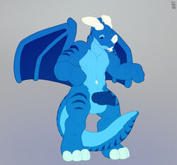 anthro balls dragon erection featureless_hands genitals hi_res horn male mouth_nozzle nozzle penis simple_background solo standing thick_tail wings