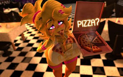 3d anthro apron avian avian_humanoid big_breasts c4d_max cally3d chica_(cally3d) chica_(fnaf) chicken chicken_humanoid chiku chiku_(cryptia) clazzey clothing cryptiacurves fazclaire's_nightclub female female_only five_nights_at_freddy's fnaf food fredina's_nightclub large_breasts long_hair looking_at_viewer pink_eyes pizza pizza_box pizza_time restaurant scottgames thick_thighs wide_hips yellow_body yellow_feathers yellow_hair