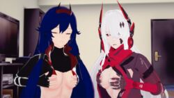 2girls 3d black_hair breasts breasts_out closed_eyes female female_focus female_only headgear koikatsu long_hair lucia:_crimson_abyss_(punishing:_gray_raven) lucia_(punishing:_gray_raven) medium_breasts punishing:_gray_raven red_eyes robot_girl selfcest white_eyes white_hair