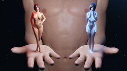 1boy 3d artificial_intelligence blue_body cortana cortana_v2 crossover female female_focus female_only gretdb halo halo_(game) halo_(series) halo_4 humanization humanized multiple_girls partial_male pills robot_girl size_difference smaller_female smile take_your_pick the_matrix thick_thighs