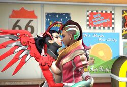 2girls 3d alternate_costume black_hair eidgenossin_mercy exposed_breasts exposed_nipples female female_only imminent_kiss kissing mercy overwatch peppermint_sombra sombra tagme unicorncrimes yuri