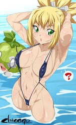 2girls alternate_version_available arms_behind_head arms_up blonde_hair blue_swimsuit breasts chicago-x dr.stone fundoshi high_resolution kohaku_(dr.stone) looking_at_viewer multiple_girls nipples pussy see-through speech_bubble suika_(dr.stone) swimsuit underwear wafuku wet