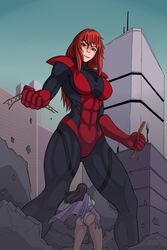 2girls artist_request athletic_female buildings cape costume crossover dc dc_comics dcau destruction female female_only giant-girl giantess gloves large_ass large_breasts leotard lois_lane marvel marvel_comics mary_jane_watson muscles muscular_female power_girl_(cosplay) revealing_clothes rubber_clothing rubber_suit snarkymofo spider-man_(series) superheroine superman_(series) tagme tight_clothing