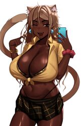 1girls big_breasts breasts brown-haired_catgirl_(kevbot) catgirl dark-skinned_female dark_skin female female_only front-tie_top kevbot large_breasts mature_female milf selfie solo