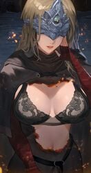 1girls big_breasts blonde_hair bra dark_souls dark_souls_3 female fire_keeper fromsoftware hood_x_art human lingerie solo