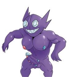 1boy 2021 balls bara big_muscles blue_glans brigh_(artist) crystal erection gem genitals glans grin humanoid_genitalia humanoid_penis male male_only muscular muscular_male navel nintendo nipples nude ofstrial pecs penis pokémon_(species) pokemon purple_balls purple_body purple_penis purple_skin sableye sharp_teeth simple_background smile solo standing teeth video_games white_background